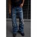 Men's Clothing Men's Dark Blue Straight Leg Flared Trousers Retro Distressed Patchwork Studded High Street Style_mkmklike.com