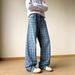 Men's Clothing Retro Wide Leg Flared Jeans For Men Blue Plaid Straight Leg Loose Fit Drape Scimitar Cut Long Pants For Teenagers_mkmklike.com