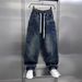 Men's Relaxed Fit Straight Leg Jeans - Vintage Washed Blue-Gray Denim Pants With Utility Stitching & Rope Tie Closure_mkmklike.com