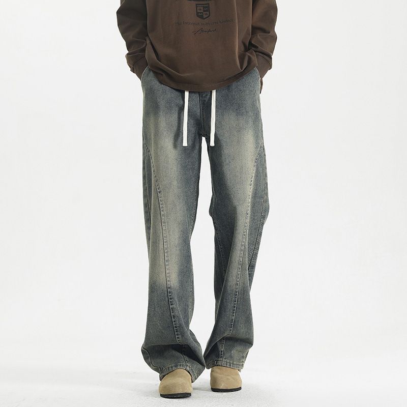 Vintage Washed Straight Leg Denim Pants For Men - Relaxed Fit High Waist Baggy Jeans With Distressed Details_mkmklike.com