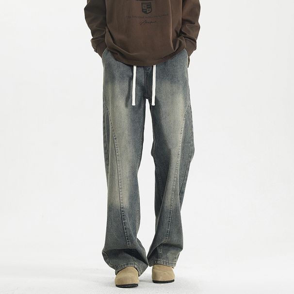 Vintage Washed Straight Leg Denim Pants For Men - Relaxed Fit High Waist Baggy Jeans With Distressed Details_mkmklike.com