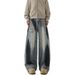 American Style Splashed Ink Ripped Curved Knife Jeans For Men In Autumn, Loose And Trendy Design, Wide Leg Slightly_mkmklike.com