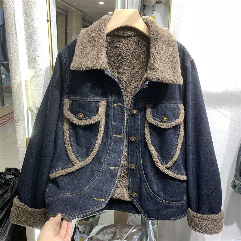 Women's Clothing Plus Velvet Parka Women's Fleece-Lined Denim Jacket With Shearling Collar - Vintage Short Coat For Casual & Elegant Style_mkmklike.com