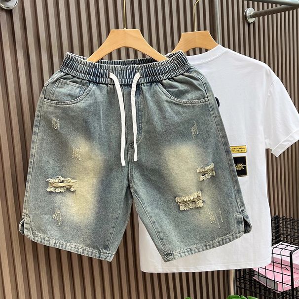 Men's Trendy Brand Washed Ripped Denim Shorts Elastic Waist Five Point Loose Straight Leg Japanese Style Summer Mid Length Pants_mkmklike.com
