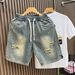 Men's Trendy Brand Washed Ripped Denim Shorts Elastic Waist Five Point Loose Straight Leg Japanese Style Summer Mid Length Pants_mkmklike.com
