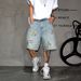 Men's Colorful Embroidered Loose Ripped Denim Shorts American Street Style Summer Trendy Wide Leg Straight Leg Five Point Pants_mkmklike.com
