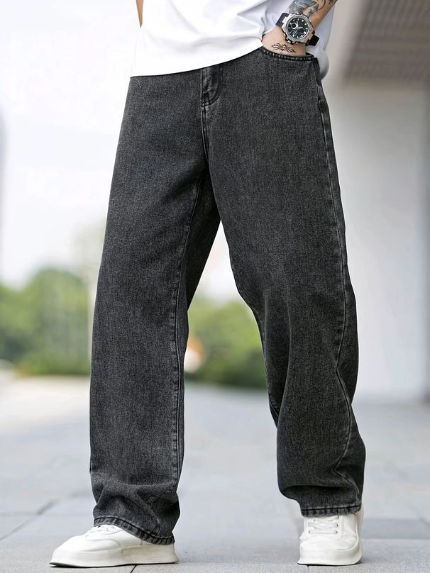 "Men's Summer Loose Straight Leg Jeans – Trendy Light Blue Denim Pants (1046 Blue/Black/Washed Black, S-XXL)"_mkmklike.com