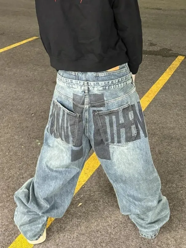 Men's Oversize Retro Double Waist Jeans Letter Print Trousers High Street Hip Hop Streetwear Casual Personality Wide-leg_mkmklike.com