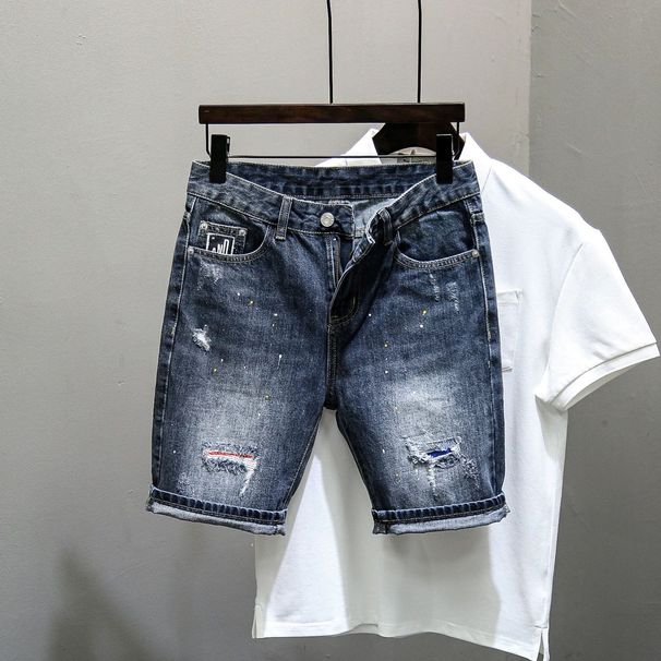 Men's Clothing Summer Trendy Brand Internet Celebrity Ripped Denim Shorts Men's Korean Style Trendy Slim Fit Blue Trendy Five Point Shorts_mkmklike.com
