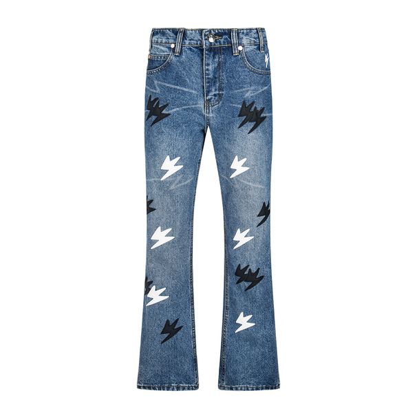 High Street Trendy Brand Cross-border AM New Lightning Black And White Patchwork Leather Couple Jeans, Unisex Style_mkmklike.com