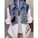 Fashionable Two-Tone Denim Shirt For Women - Stylish Layered Look With Striped & White Contrast Design - Casual Long Sleeve Blouse For Office_mkmklike.com