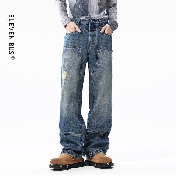 Men's Clothing Fashion Ripped Jeans Loose Straight Design Wide Leg Denim Trousers_mkmklike.com