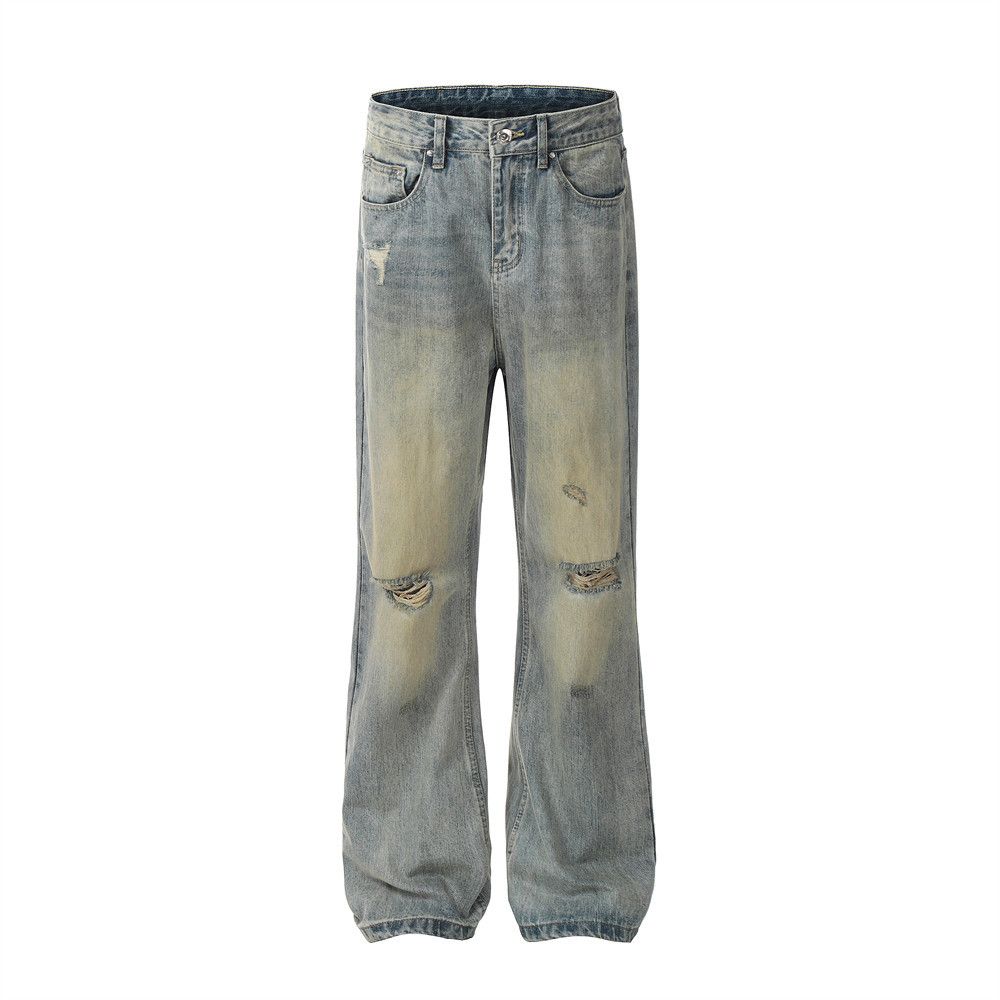 Ripped Knee Jeans Men's Trendy Punk Vintage Dyed Mud Yellow Loose Casual Flared Wide-Leg Pants_mkmklike.com