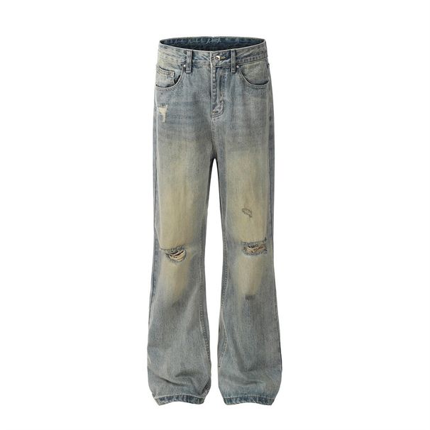 Ripped Knee Jeans Men's Trendy Punk Vintage Dyed Mud Yellow Loose Casual Flared Wide-Leg Pants_mkmklike.com