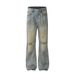 Ripped Knee Jeans Men's Trendy Punk Vintage Dyed Mud Yellow Loose Casual Flared Wide-Leg Pants_mkmklike.com