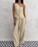Women's Commuter Fashion Khaki Off-shoulder Cotton and Linen Vest Trousers Two-piece Set _mkmklike.com