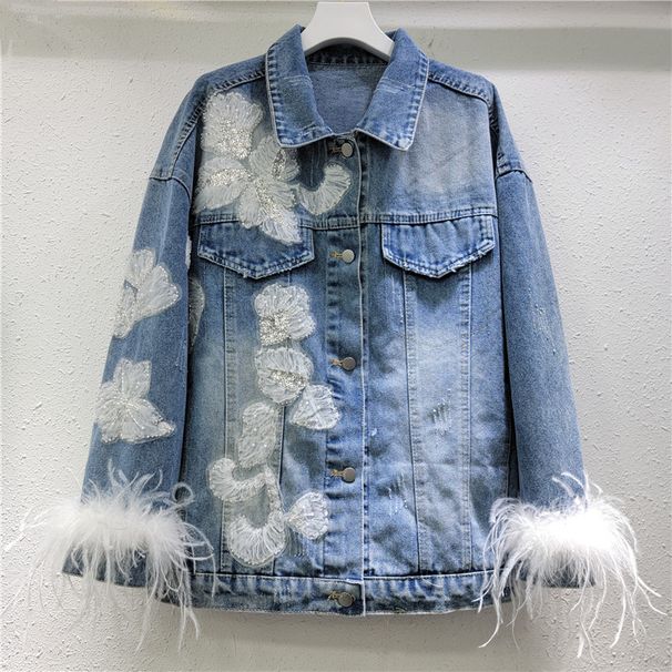 Women’s Clothing Spring New European Fashion Heavy Beaded Sequined Stitching Ostrich Fur Denim Jacket Women's Trend_mkmklike.com