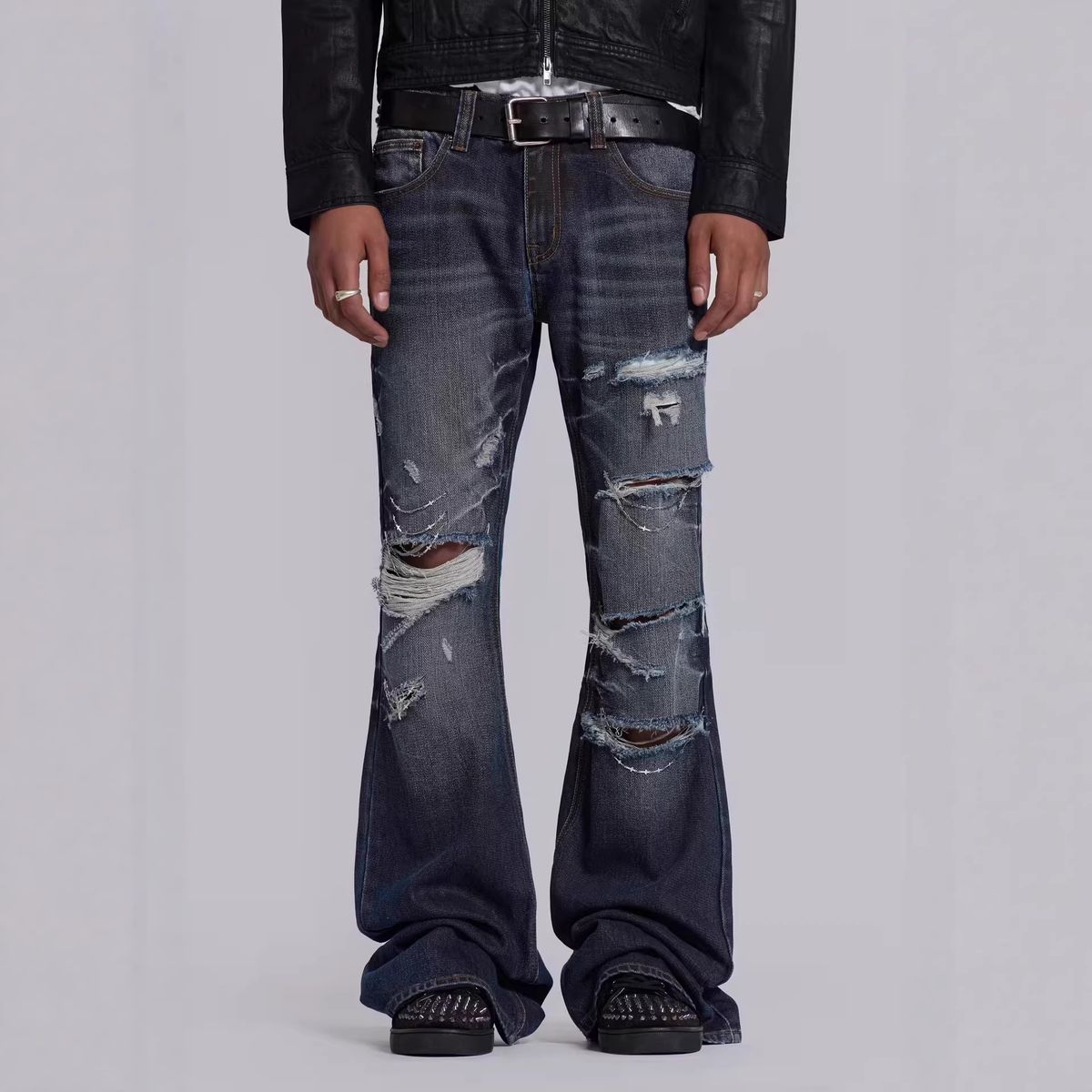 Men's Gothic Distressed Wide-Leg Flare Jeans Vintage Washed Ripped Details High Street Grunge Style Casual Pants_mkmklike.com