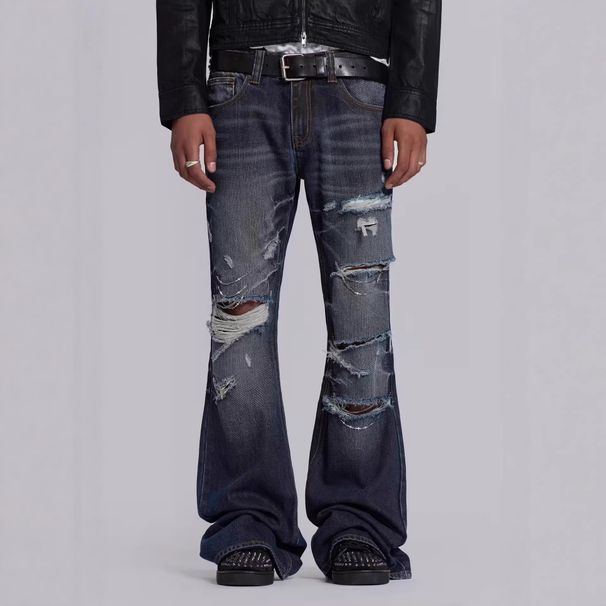Men's Gothic Distressed Wide-Leg Flare Jeans Vintage Washed Ripped Details High Street Grunge Style Casual Pants_mkmklike.com