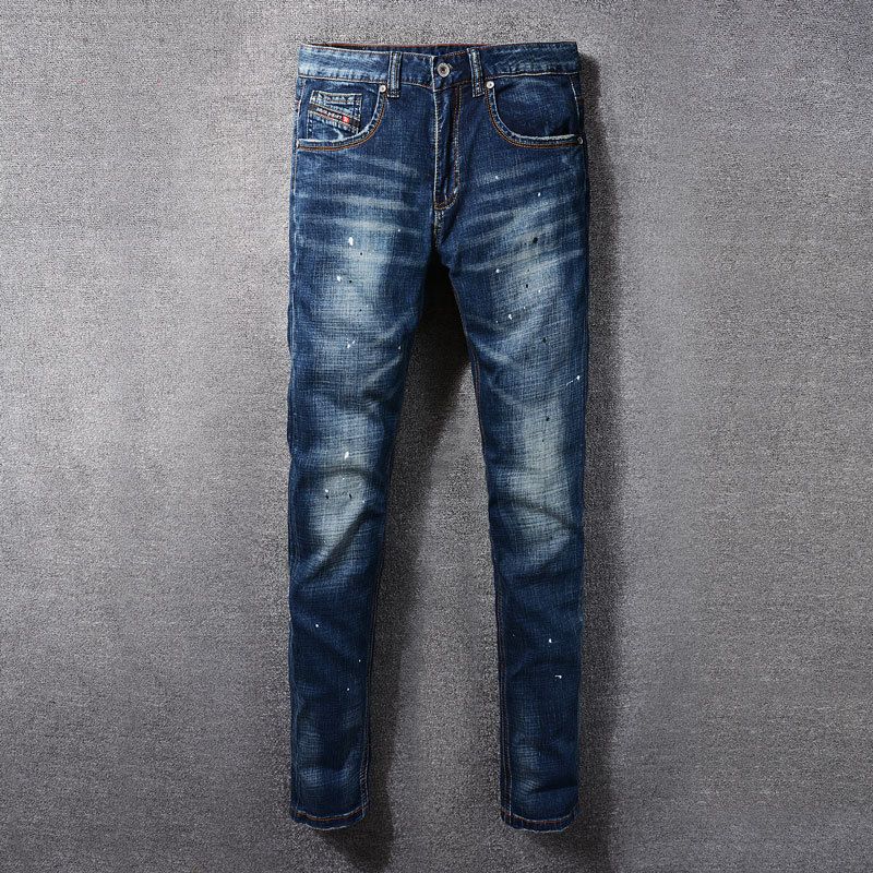 Men's Clothing Fashion Retro Jeans Distressed Dark Blue Cat Whisker Washed Slightly Elastic Slim Fit Small Straight Trousers_mkmklike.com
