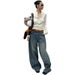 Women's Clothing Trendy Wide Leg Knife Pants Distressed Retro Blue Denim Fleece Lined Loose Curved Fit Street Style Washed Whiskered_mkmklike.com