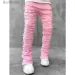 Men's Skinny Fringe Hip-hop R Edge Elastic Patch Punk Rock Long Tight Fit Stacked Jeans Denim Pants Blue Pink_mkmklike.com