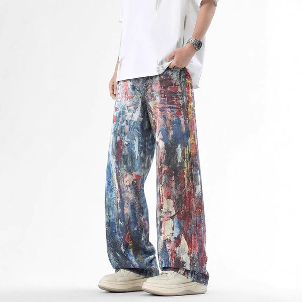 Men's Clothing Startlight Men's American Street Hip Hop Washed Jeans Heavy Hand Painted Graffiti Loose Ripped Trousers_mkmklike.com