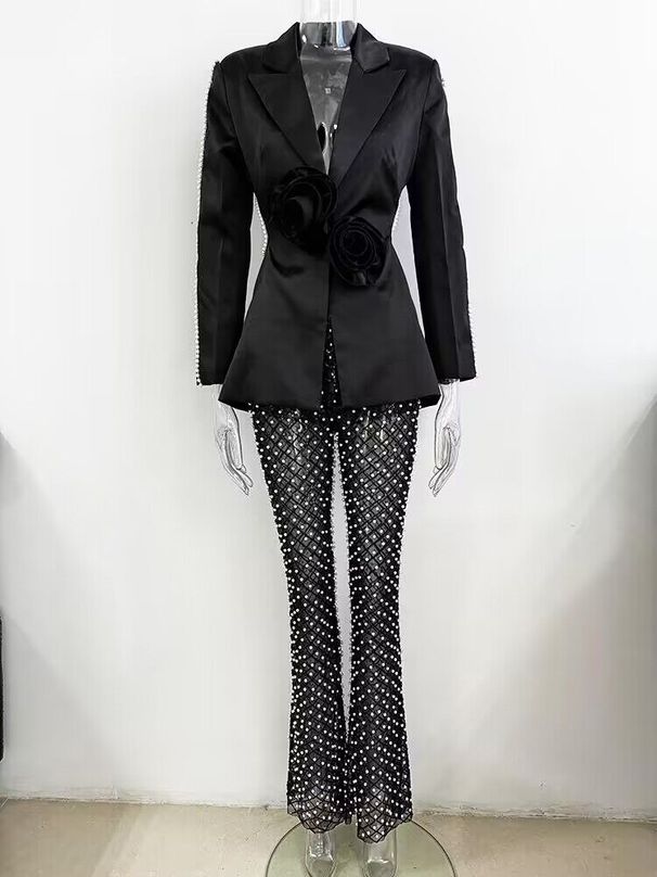 Spot 2024 Spring and Summer New Style Hollow Beaded Three Dimensional Flower Suit Pearl Sequin Mesh Trousers Set_mkmklike.com