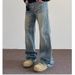 Men's Casual Loose Straight Leg Flared Washed Blue Jeans Retro Whisker Bamboo Pattern Versatile Trousers_mkmklike.com