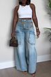 Women's Clothing Spring/Summer Denim Straw Wash Workwear Jeans With Pockets Regular Fit Solid Pattern_mkmklike.com