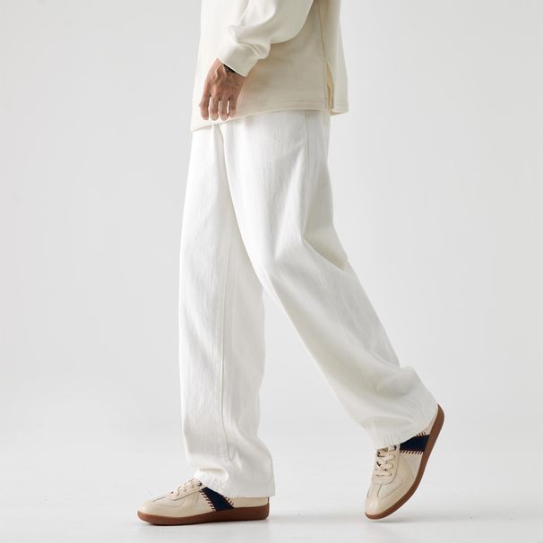Men's White Cotton Jeans Loose Fit Straight Leg Drapey Wide Leg Trousers Mid Waist Slight Stretch Machine Washable Trendy Autumn Piece_mkmklike.com