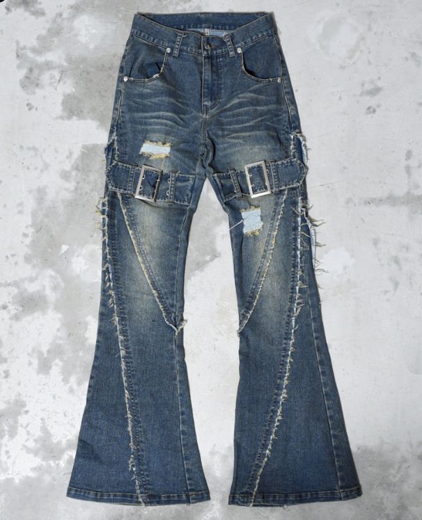 Women's Heavy Duty Flared Jeans With Laces Loose Straight Leg Washed_mkmklike.com