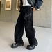 Men's Parisian Street Style Vintage Black Straight Leg Jeans With Chain Embellishment Loose Wide Leg Pants Trendy High Fashion_mkmklike.com