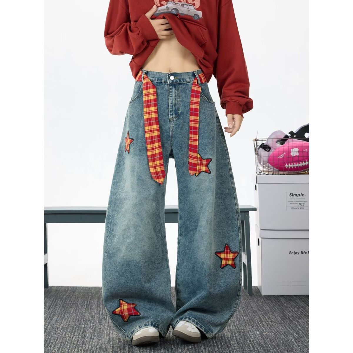 Unisex Vintage Washed Cargo Jeans With Embroidered Checkerboard Tie & Multi-Pockets, Loose Straight Leg Baggy Denim Pants For Men And Women_mkmklike.com