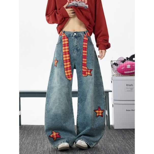 Unisex Vintage Washed Cargo Jeans With Embroidered Checkerboard Tie & Multi-Pockets, Loose Straight Leg Baggy Denim Pants For Men And Women_mkmklike.com