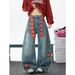 Unisex Vintage Washed Cargo Jeans With Embroidered Checkerboard Tie & Multi-Pockets, Loose Straight Leg Baggy Denim Pants For Men And Women_mkmklike.com
