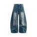 Vintage Washed Distressed Men's Loose Wide Leg Jeans, Retro High Waist Denim Trousers For Casual Streetwear_mkmklike.com