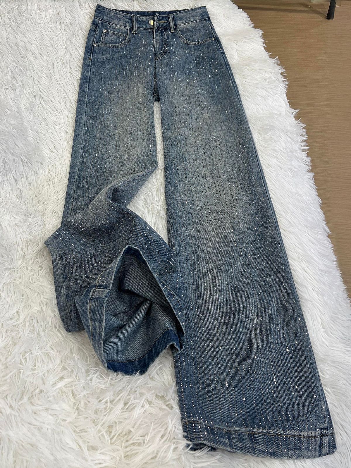 Retro High Waist Wide Leg Jeans For Women Sparkly Rhinestone Embellished Loose Straight Denim Floor Length Casual Solid_mkmklike.com