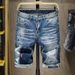 Men's Clothing 2024 Summer Street Trousers, Heavy-duty Washed Hole Patch Patches, Sprinkled Paint Spots, Denim Mid-length Trousers For Men_mkmklike.com