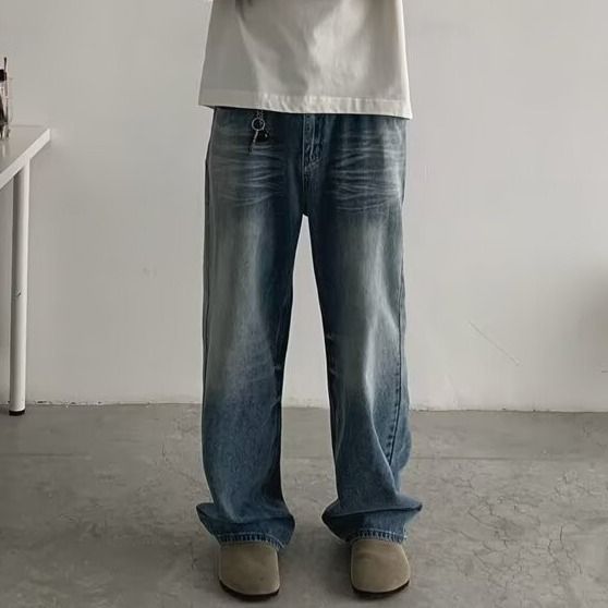 Retro Washed Cleanfit Straight Jeans Mid Waist Casual Trousers Loose Wide Leg Pants For Men And Women Cotton Zipper Fly_mkmklike.com