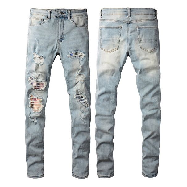 Men's Clothing Retro Jeans Fashion Slim Pants Slim Stretch Youth Vintage Slim Fit Stretch Jeans With Faded Wash & Distressed Details For Urban Style_mkmklike.com