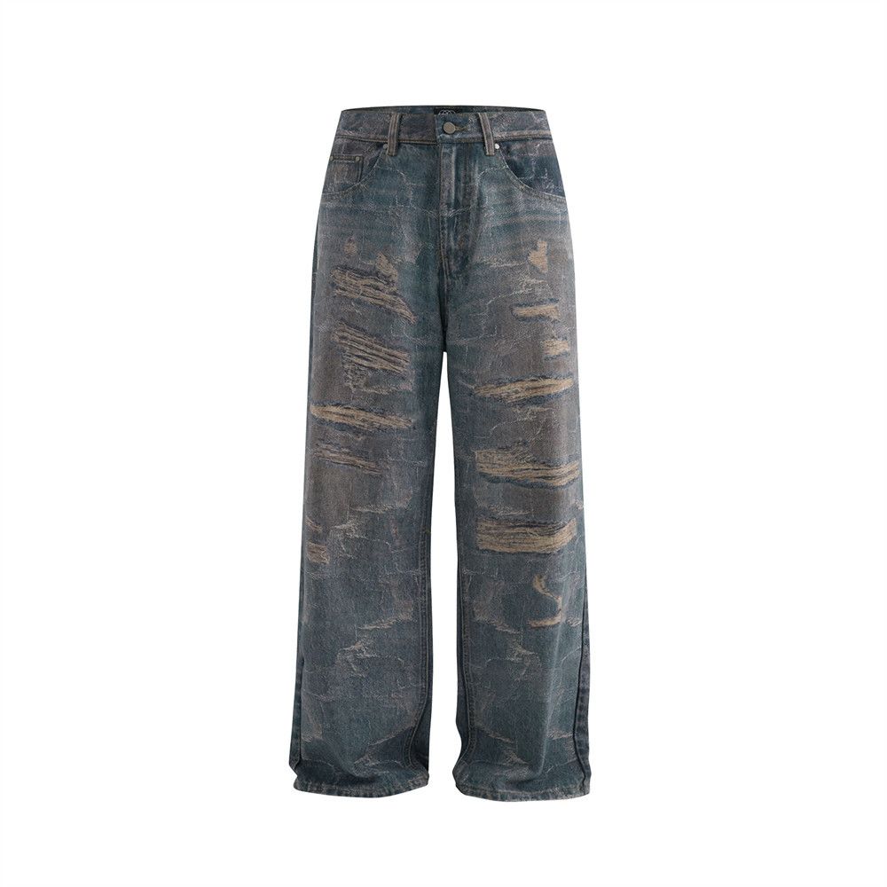 Punk Street Style Ripped 3D Digital Print Jeans For Men Washed Vintage Worn Out Niche Wide-Leg Straight Long Pants_mkmklike.com