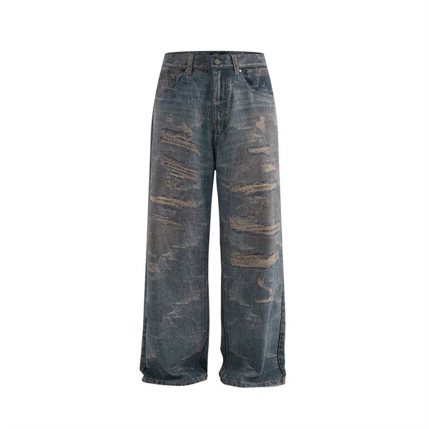 Punk Street Style Ripped 3D Digital Print Jeans For Men Washed Vintage Worn Out Niche Wide-Leg Straight Long Pants_mkmklike.com