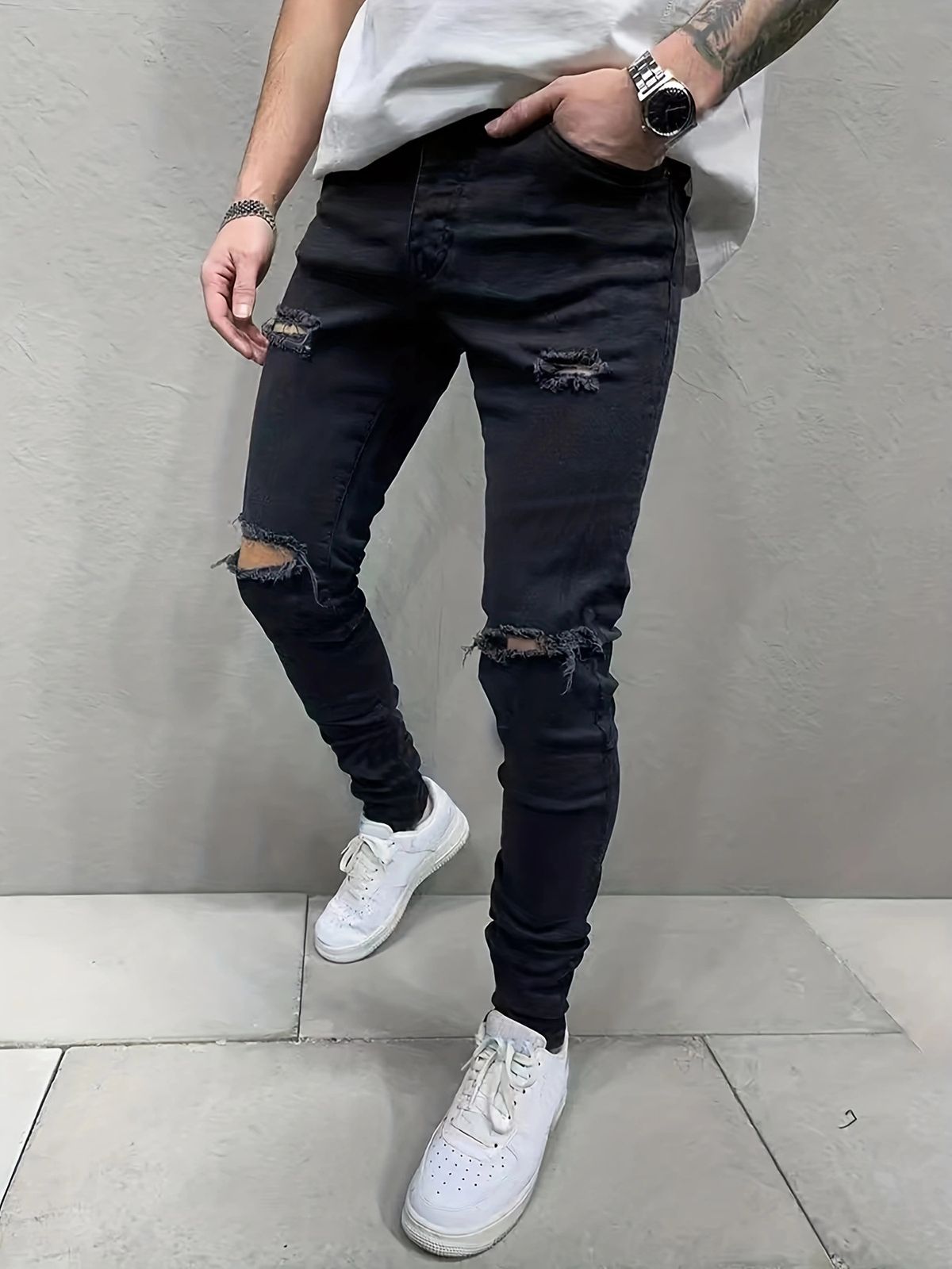 SBS High Quality Men's Black Slim Fit Jeans Trendy Ripped With Knee Holes Long Export Style Casual Pants_mkmklike.com