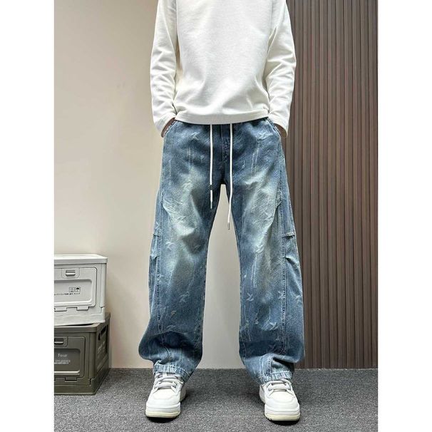 Men's Pleated Wide-Leg Jeans, Curved Hem Loose Fit Denim Pants With Layered Design For Casual Streetwear_mkmklike.com