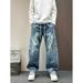 Men's Pleated Wide-Leg Jeans, Curved Hem Loose Fit Denim Pants With Layered Design For Casual Streetwear_mkmklike.com