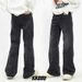 American Style Cleanfit Washed Black Distressed High Waisted Straight Leg Trendy Floor Hugging Jeans For Men And Women_mkmklike.com