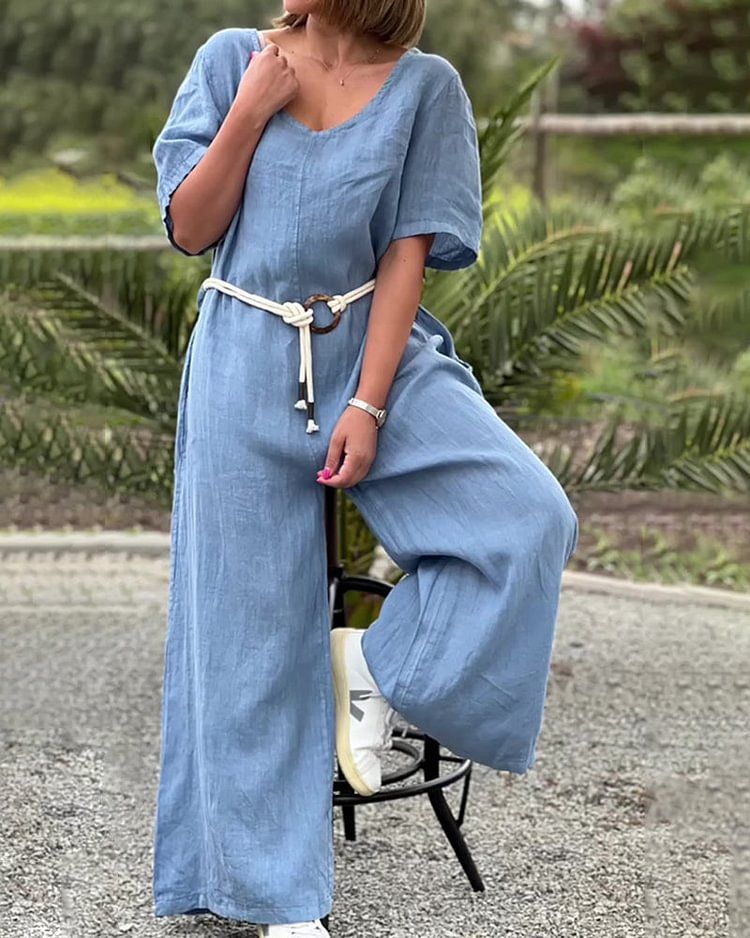 Women's Casual Solid Color V-neck Jumpsuit Mid-waist Pocket Jumpsuit with Belt_mkmklike.com
