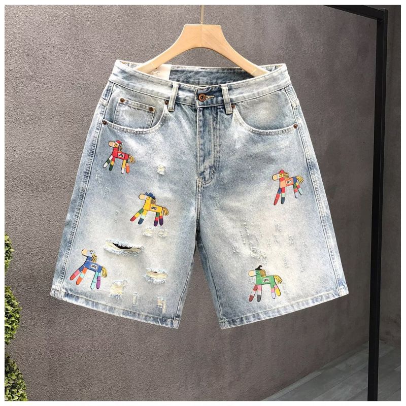 Men's Retro Distressed Straight Leg Denim Shorts Casual Loose Fitting Wide Leg Mid Length Pants Trendy Versatile Summer Wear_mkmklike.com
