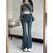 Trendy Hot Girl Blue Jeans For Women, Autumn 2024 New Korean Style High-waisted Slimming Stretchy Frayed Hem Micro-flare_mkmklike.com